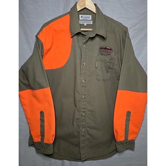 COLUMBIA Shooting Hunting Khaki Bright Hi-Vis ORANGE Button Down Shirt Men L - Picture 1 of 8